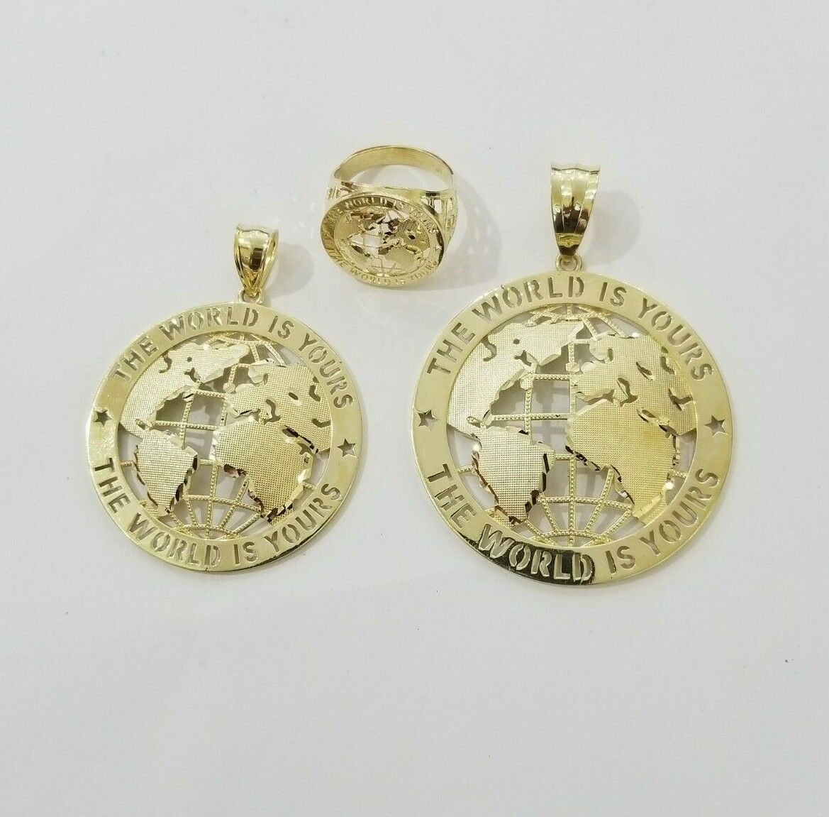 Real 10k Yellow Gold World Map Charm Pendant Ring The World Is Yours Engraved