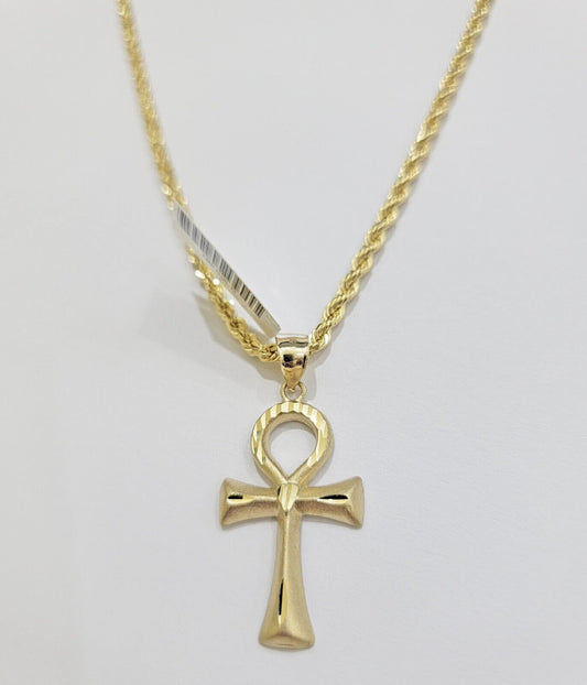 10k Gold Rope Chain Ankh Cross Charm Pendant Set 18"-28" inch 3mm Necklace, REAL