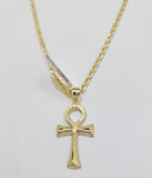 10k Gold Rope Chain Ankh Cross Charm Pendant Set 18"-28" inch 3mm Necklace, REAL