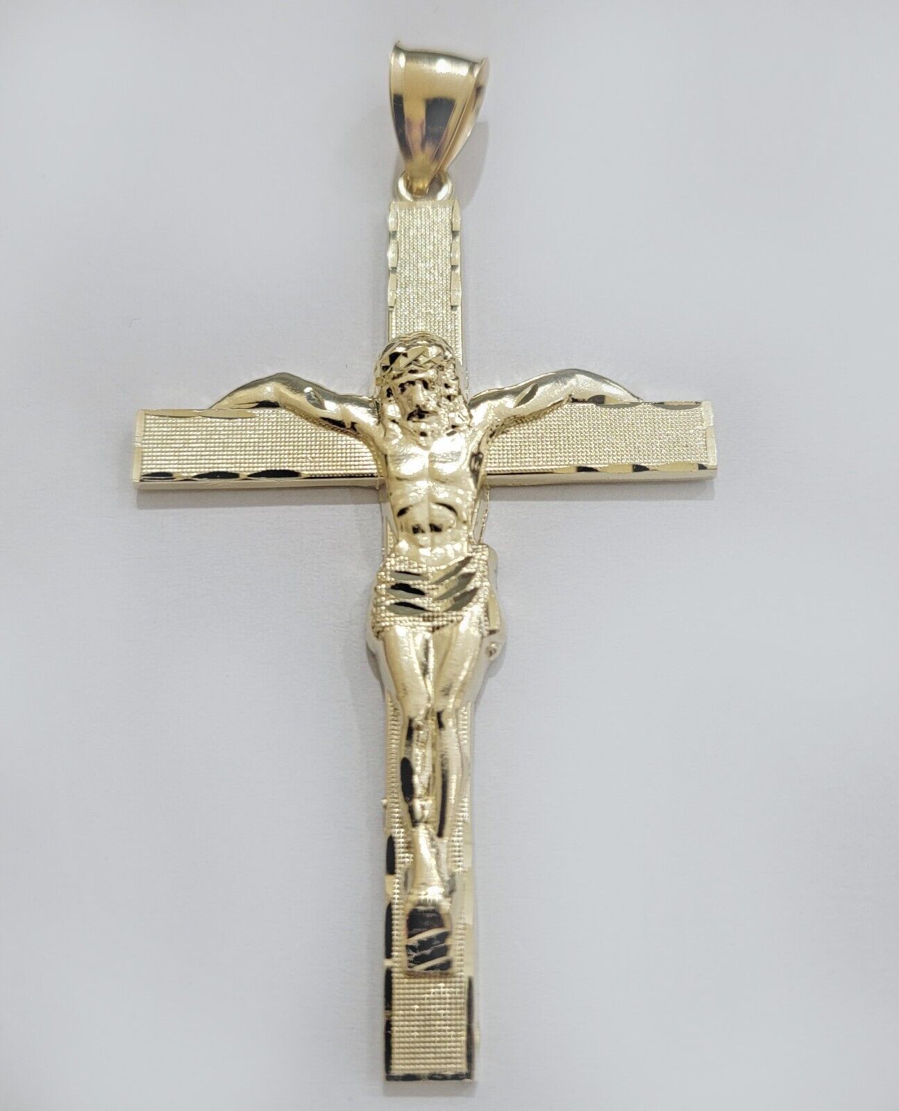 Real 10k Yellow Gold Cross Charm Pendant Jesus Crucifix 3.5" Inch 10KT For Chain