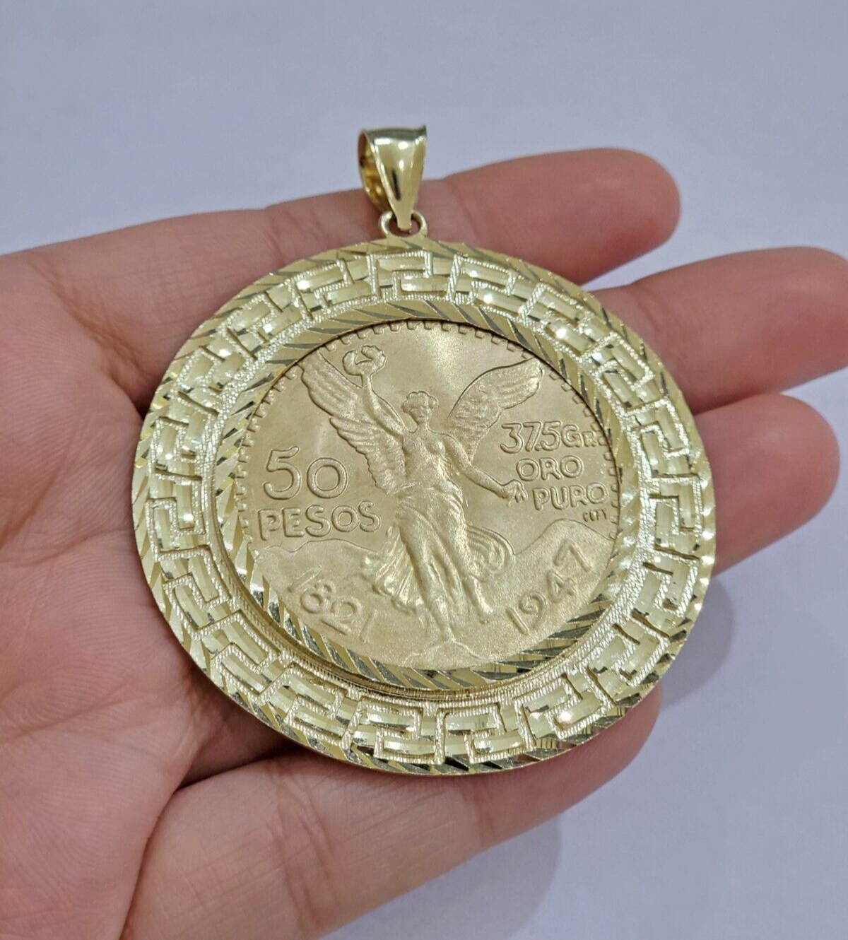 1947 Mexican Centenario 50 Gold Pesos Copy Coin With Bezel Solid 10k Yellow SALE
