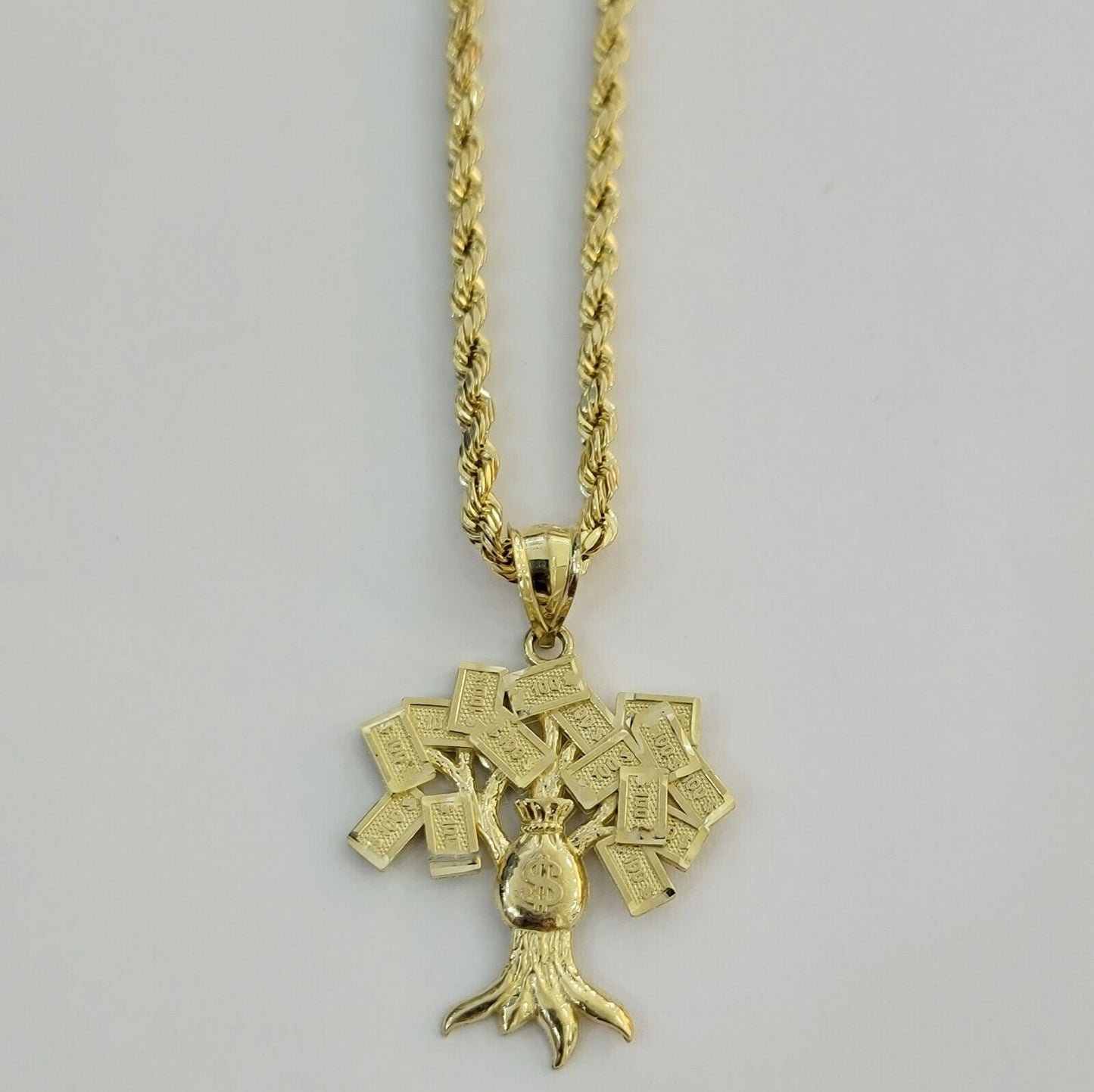 10k Gold Men Pendant Money Tree Charm 10kt Yellow Gold Dollar Bill ,UNIQUE, REAL