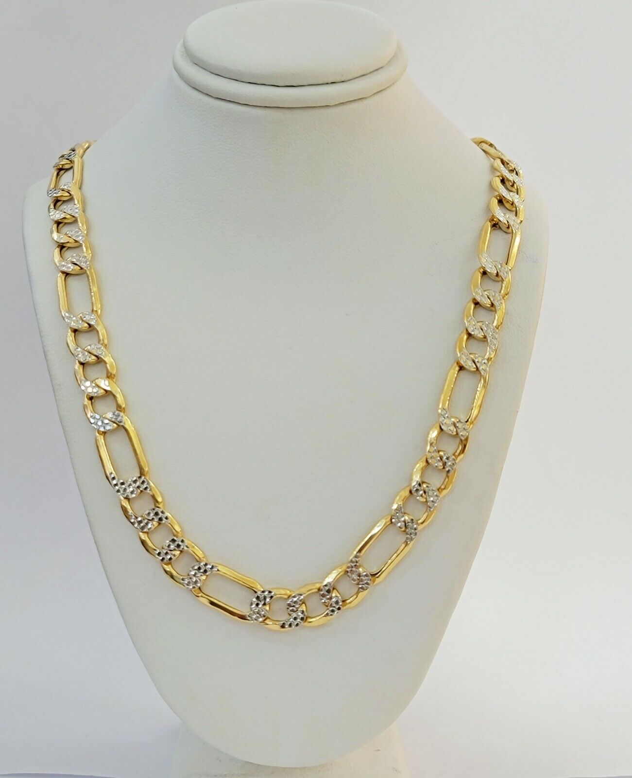Real Gold 10k Figaro Necklace Men's Chain 9mm 24" Inch Yellow Gold Diamond Cuts