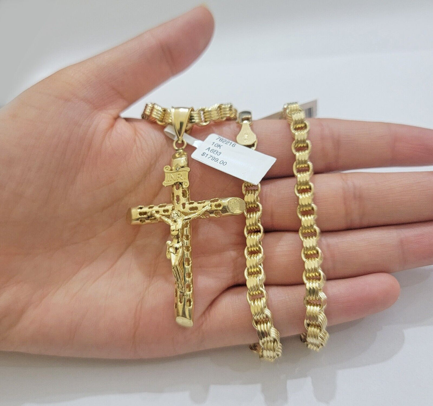 Real 10k Gold byzantine Chain Pendant Set 5mm Necklace With Jesus Cross Charm