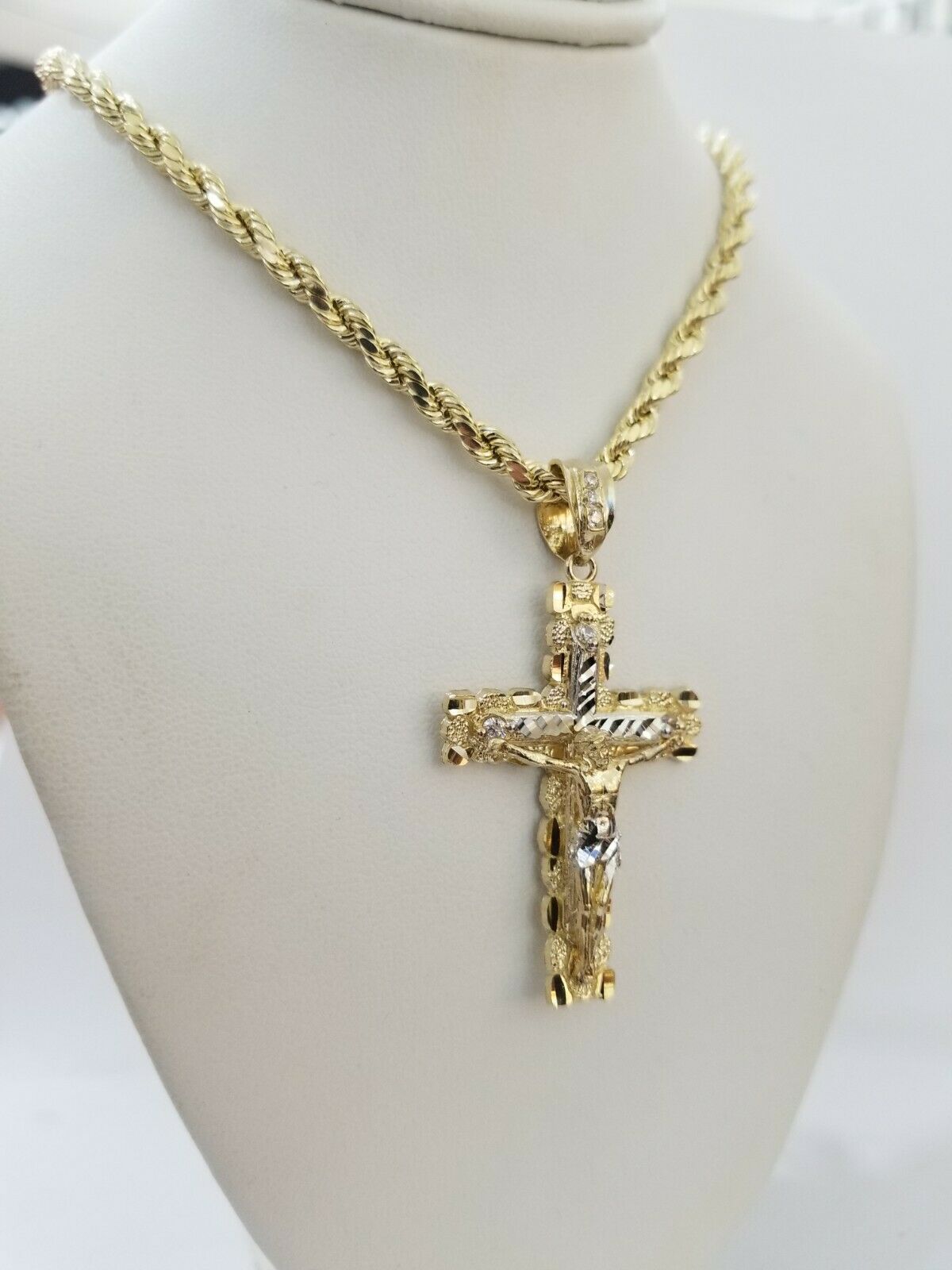 10k Yellow Gold Rope Chain With Cross Charm Pendant Set REAL 10KT 4mm Necklace