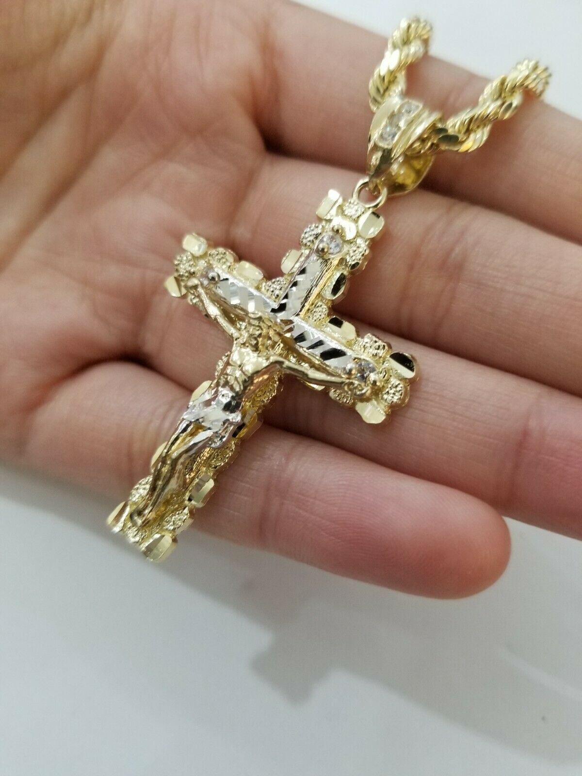 10k Yellow Gold Rope Chain With Cross Charm Pendant Set REAL 10KT 4mm Necklace