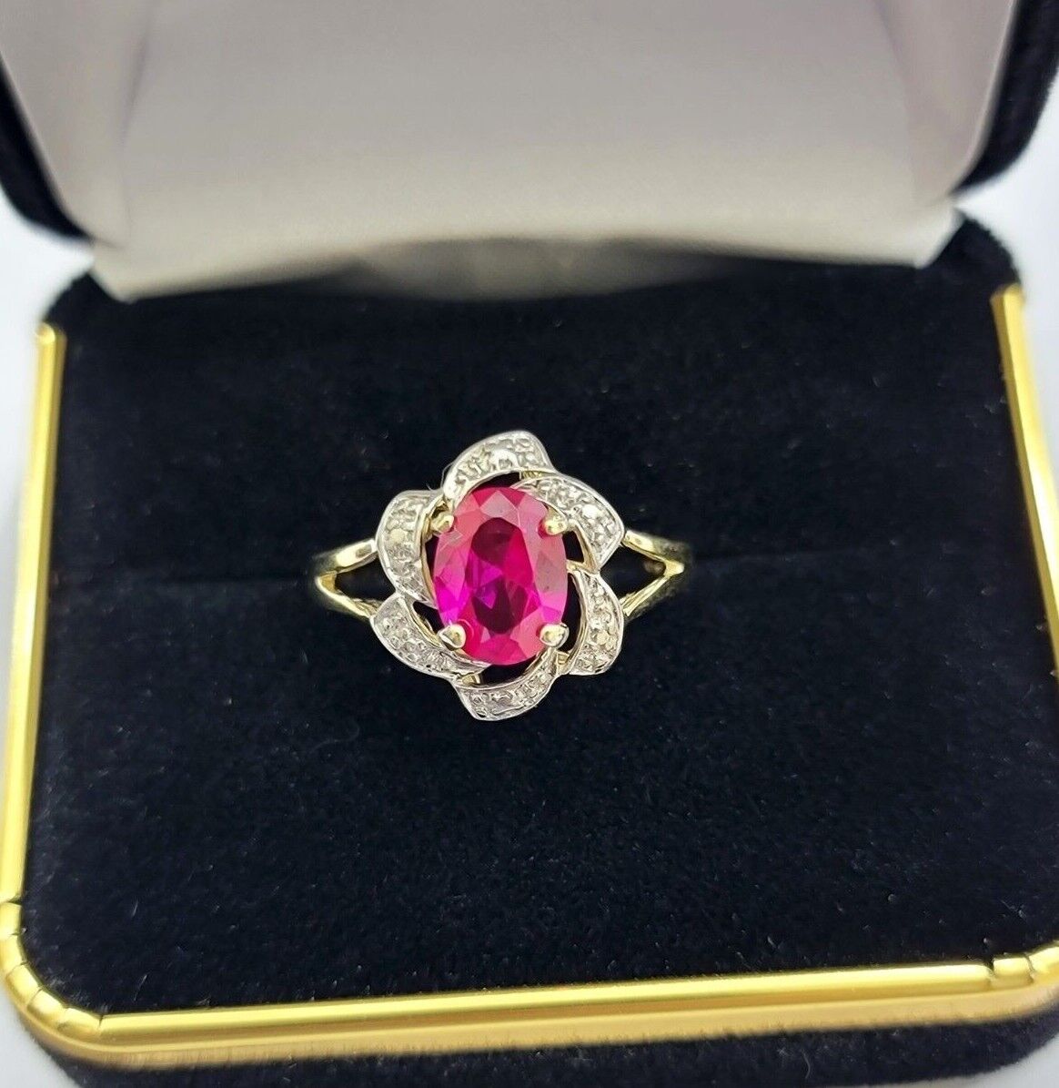10k Yellow Gold Ladies Ruby Red Ring Women's Casual Band Real 10kt Flower Design