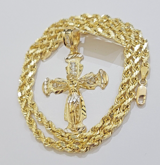 Real 14k Yellow Gold Cross pendant & Rope Chain Necklace 5mm 20" SET Charm Men's