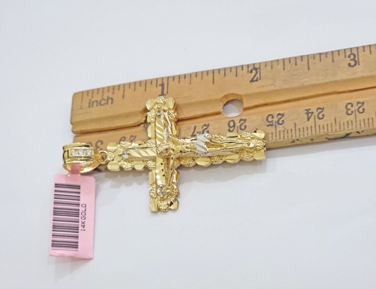 14k Yellow Gold Cross Nugget Pendant Jesus Crucifix 2 Inch 14kt Charm Men's REAL
