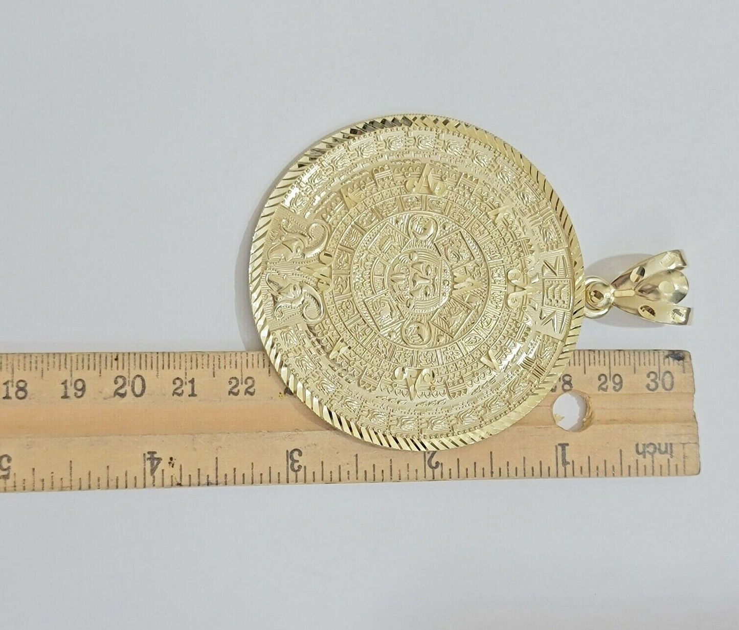 SOLID Real 14kt Yellow Gold Pendant Aztec Mayan Calendar 3.2" Men's Round Charm