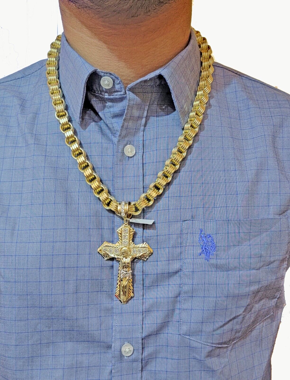 Real 10k Yellow Gold Jesus Cross Charm Men's pendant 3.75" With cubic Zirconia