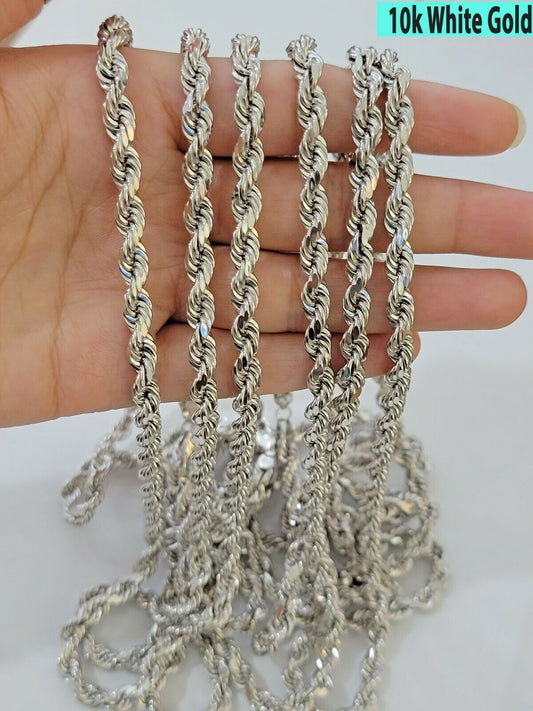 Real Gold 10k Rope Necklace Men's Chain 6mm 20" 22" 24" White Gold Diamond Cuts