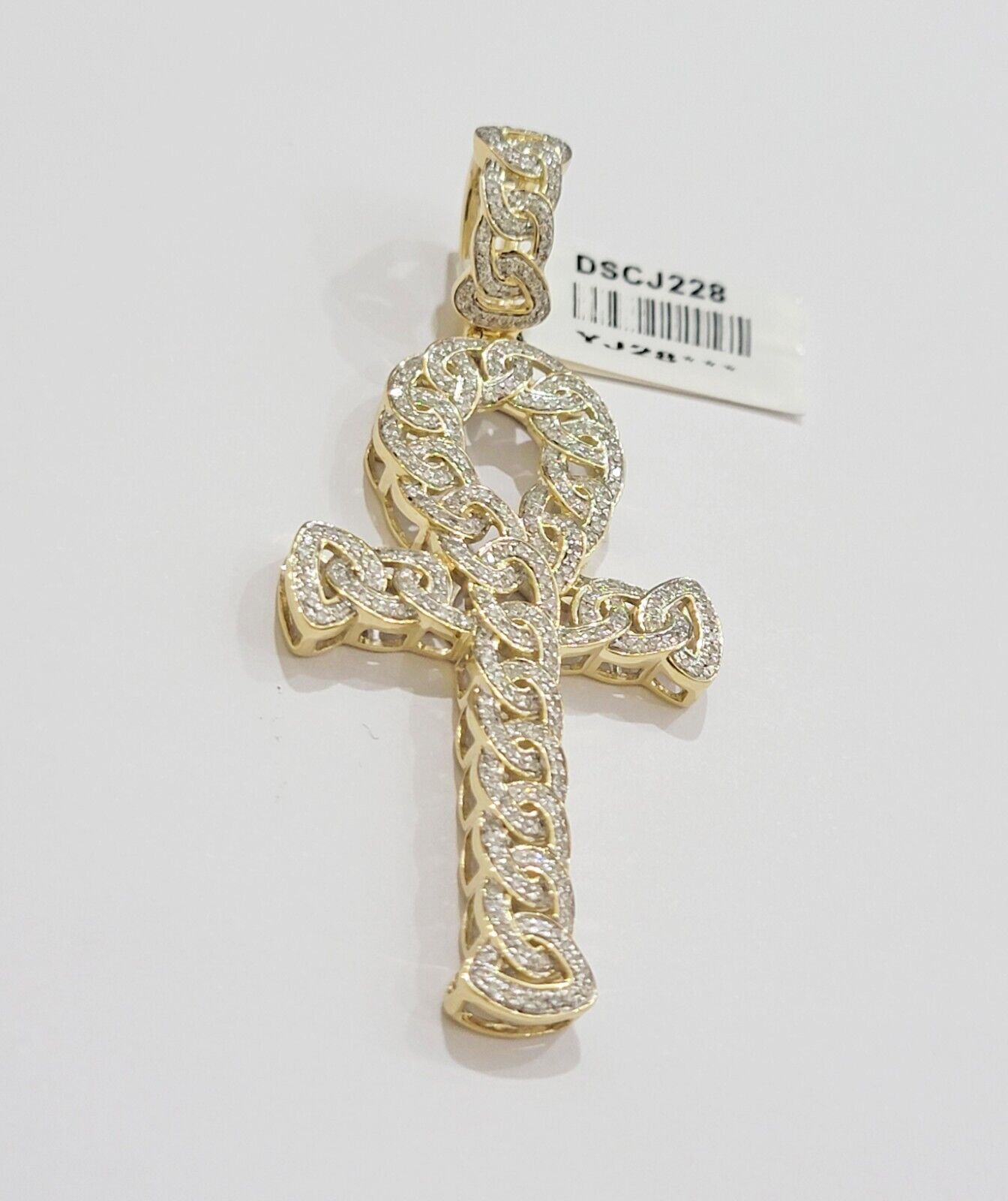 Real 10k Yellow Gold Diamond Ankh Cross Charm Pendant 1.08 CT Mens 2.5Inch