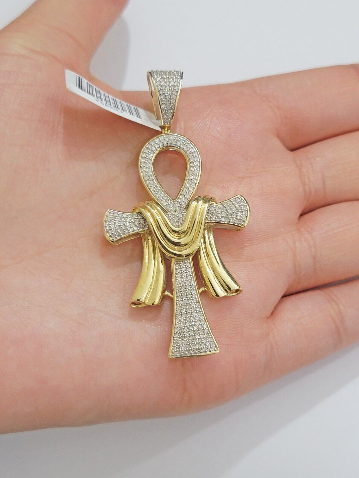 Real 10k Yellow Gold Diamond Ankh Cross Charm Pendant 0.80 CT Mens 2.5Inch