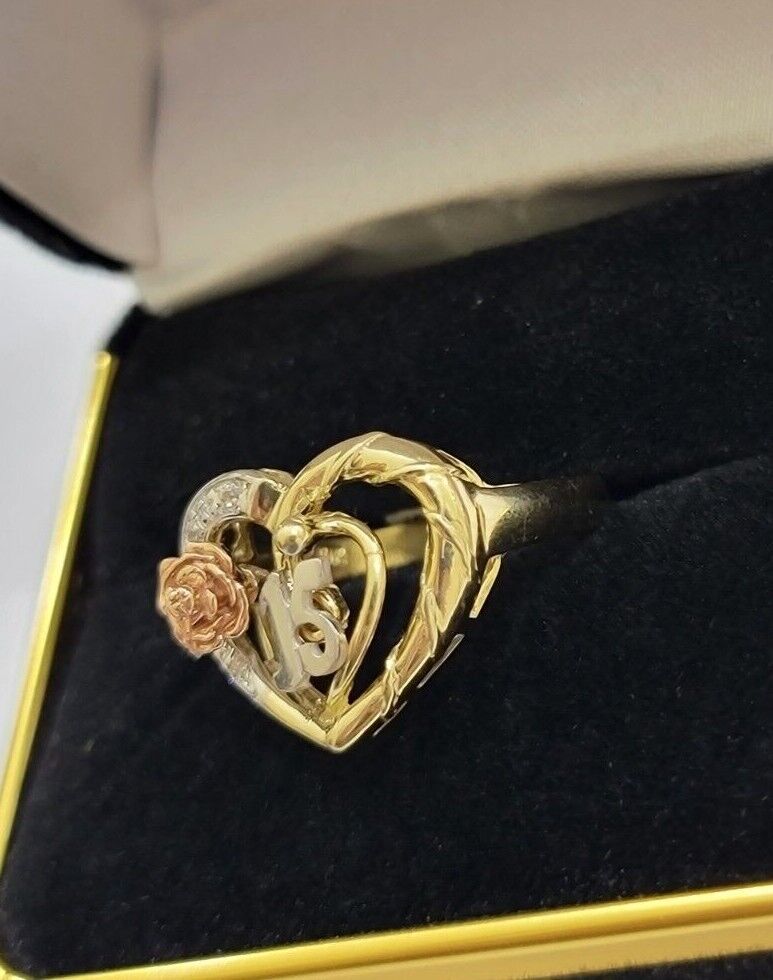 Ladies Ring 10k Gold Quinceanera 15 Anos Year Girls 10KT Yellow Hearts REAL SALE