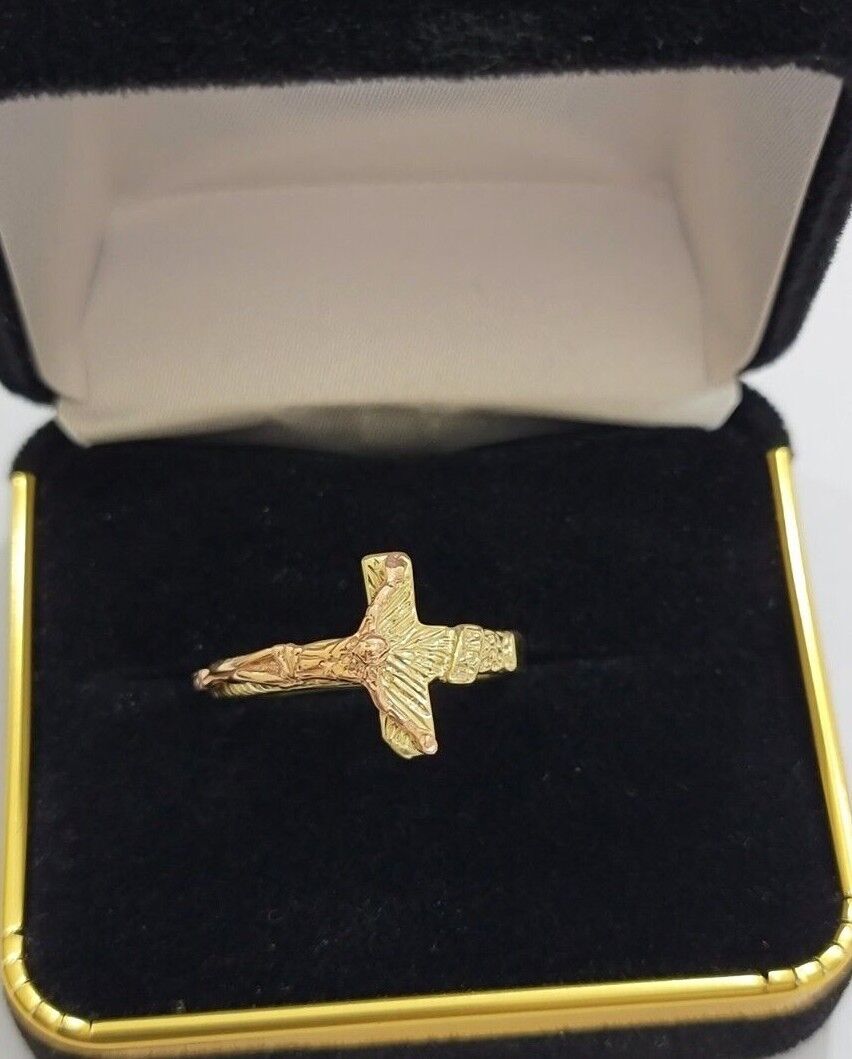 Ladies Ring 10k Yellow Rose Gold Jesus Cross REAL Crucifix Unique Band For SALE