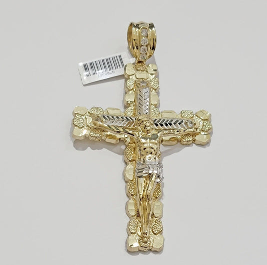 10k Yellow Gold Jesus Cross Charm pendant 4" Inch Mens With Stone, Real 10kt for Sale