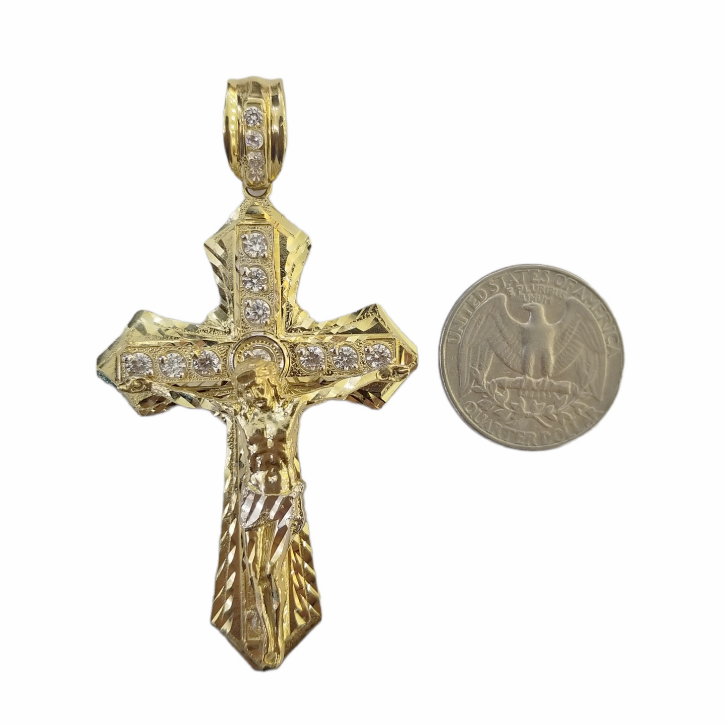 Real 10k Yellow Gold Jesus Cross Charm Men's pendant 3.75" With cubic Zirconia