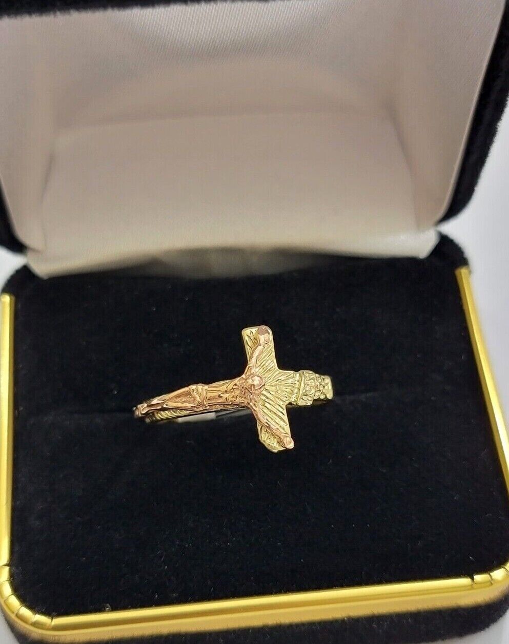 Ladies Ring 10k Yellow Rose Gold Jesus Cross REAL Crucifix Unique Band For SALE