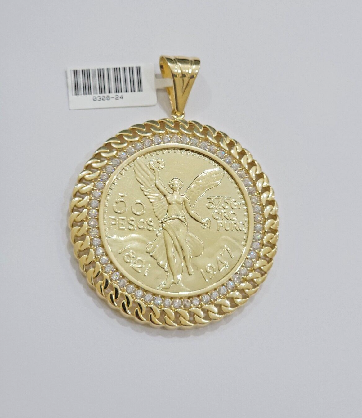 1947 Mexican Centenario Coin Charm Pendant Replica 50 Pesos With Bezel 10kt Gold