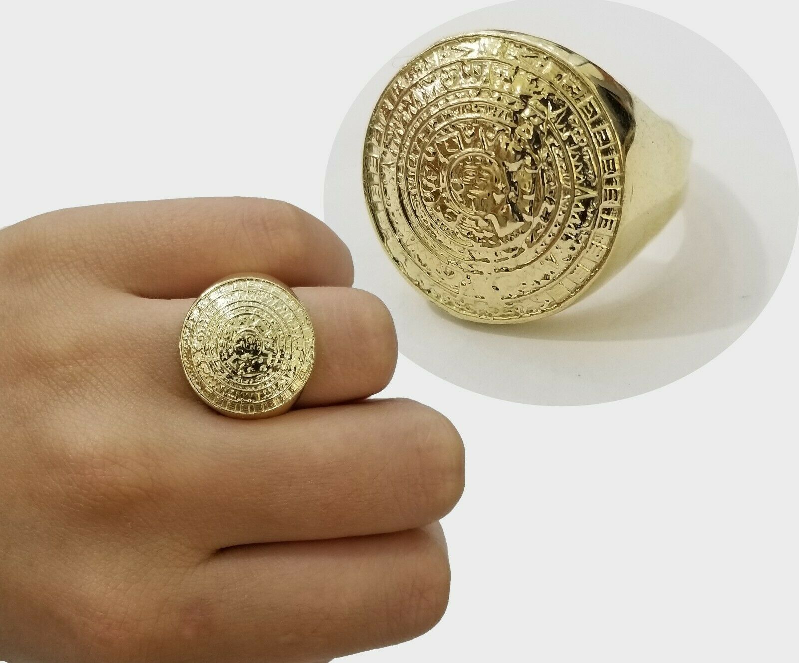 GOLD Mens Ring Aztec Mayan Solid 10k Yellow Gold Sun Calendar 10 KT  REAL Gold