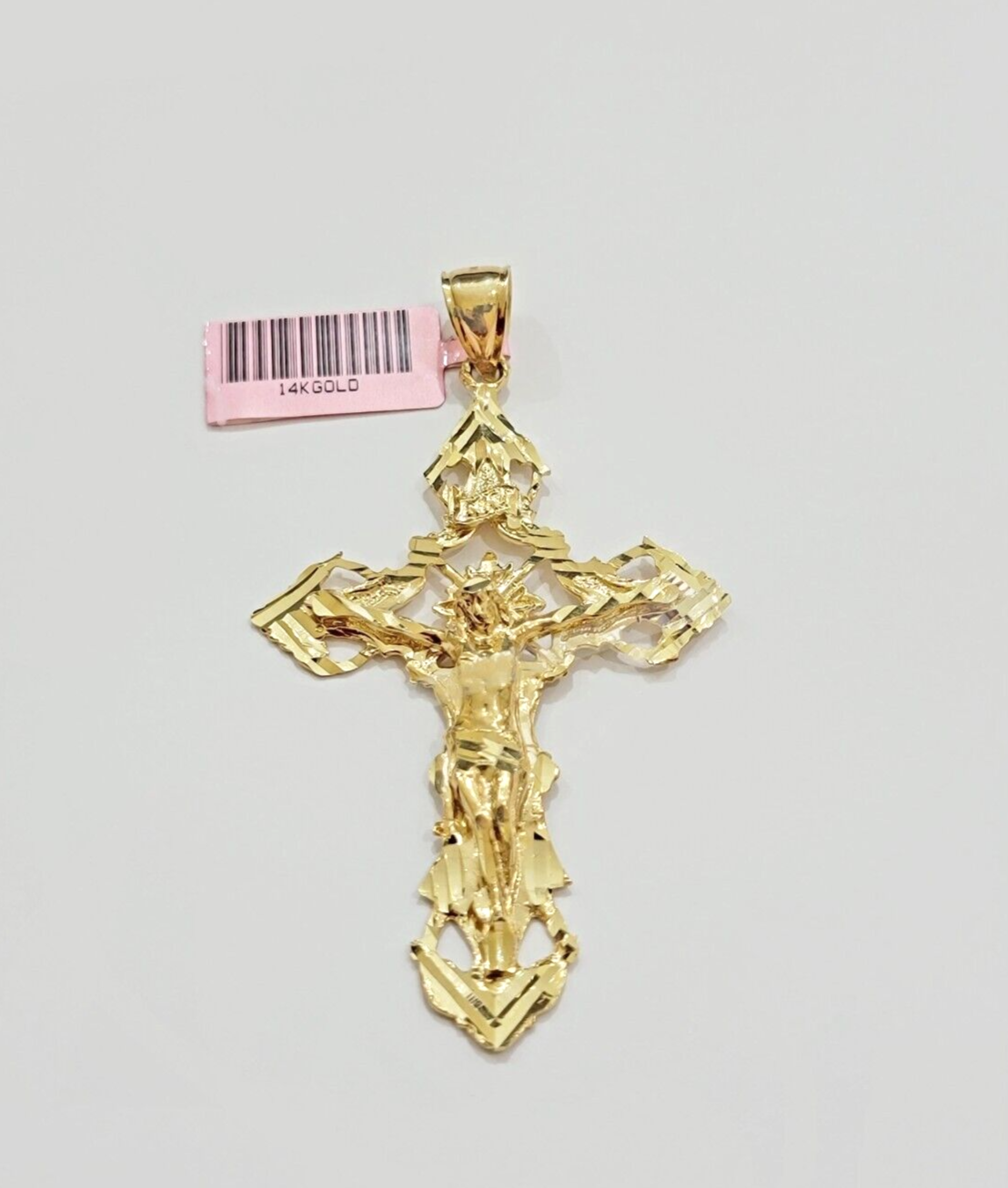 14k Yellow Gold Jesus Cross Charm Pendant 3 Inches Crucifix Chain Necklace SALE