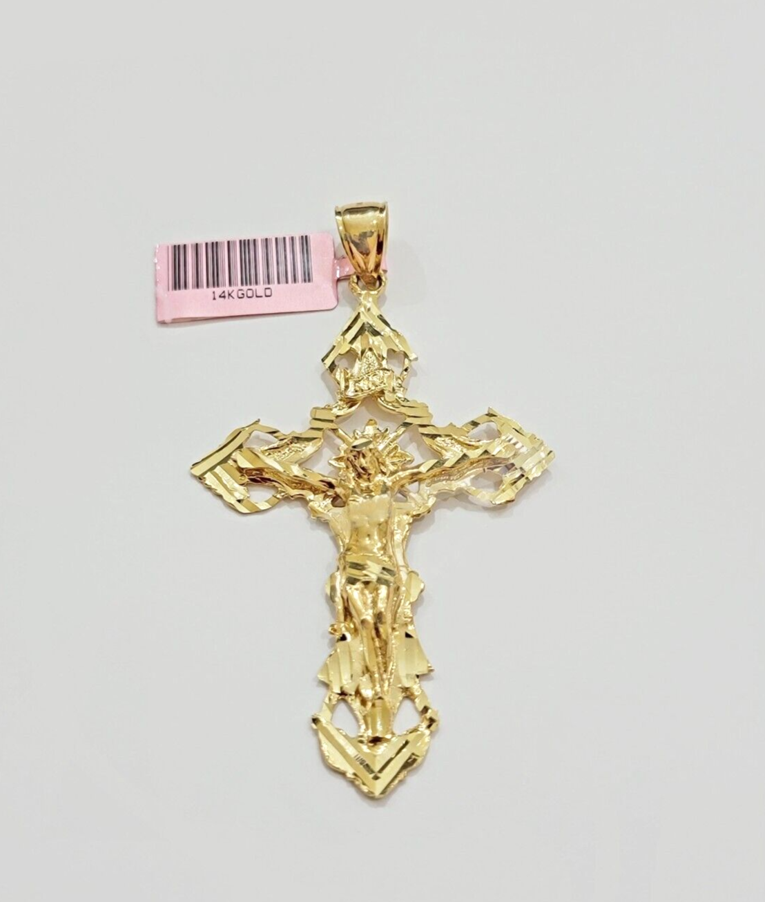 14k Yellow Gold Jesus Cross Charm Pendant 3 Inches Crucifix Chain Necklace SALE
