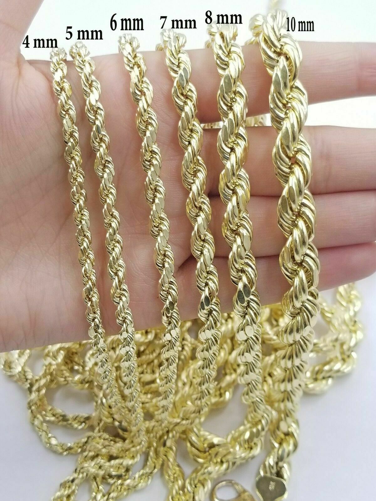Solid 10K Yellow Gold Rope Chain Pendant Necklace 4mm-10mm Diamond Cut 18-30 20 inch / 5 mm