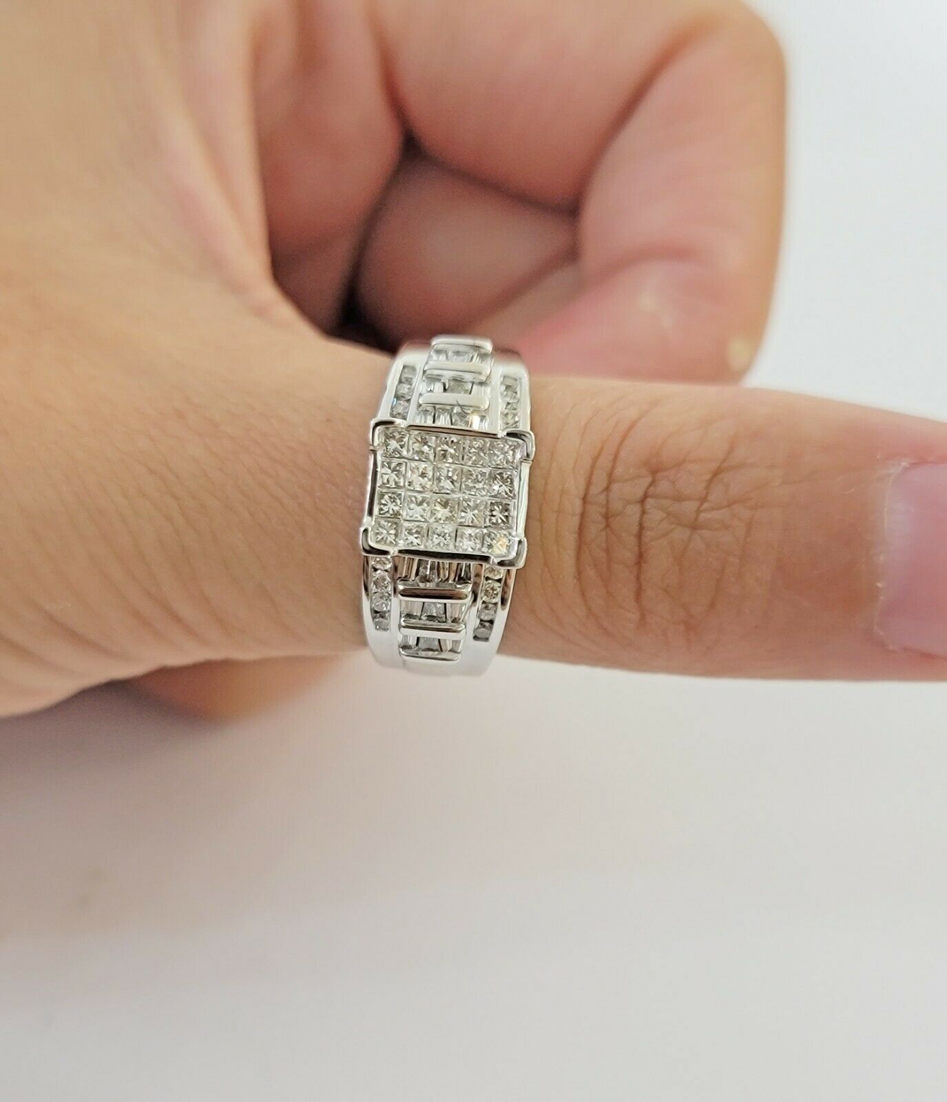 14k white Gold 1CT Diamond Ladies Ring Princess Cut Baguette Round Diamond,Women