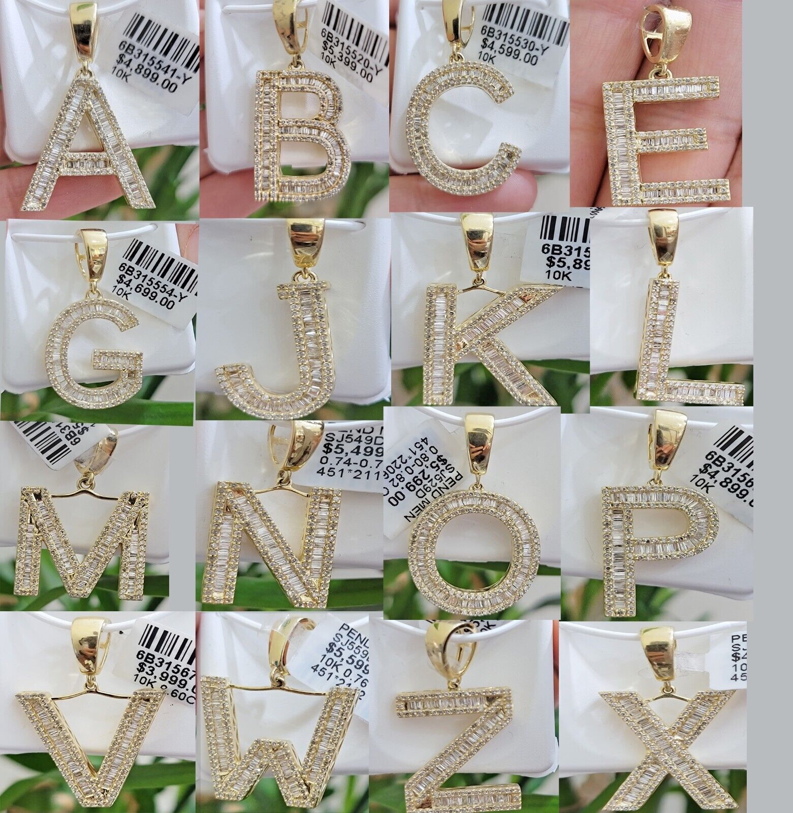 10k Gold Pendant Initial Charm Natural Diamond A-Z Alphabet Baguette & Round Dia