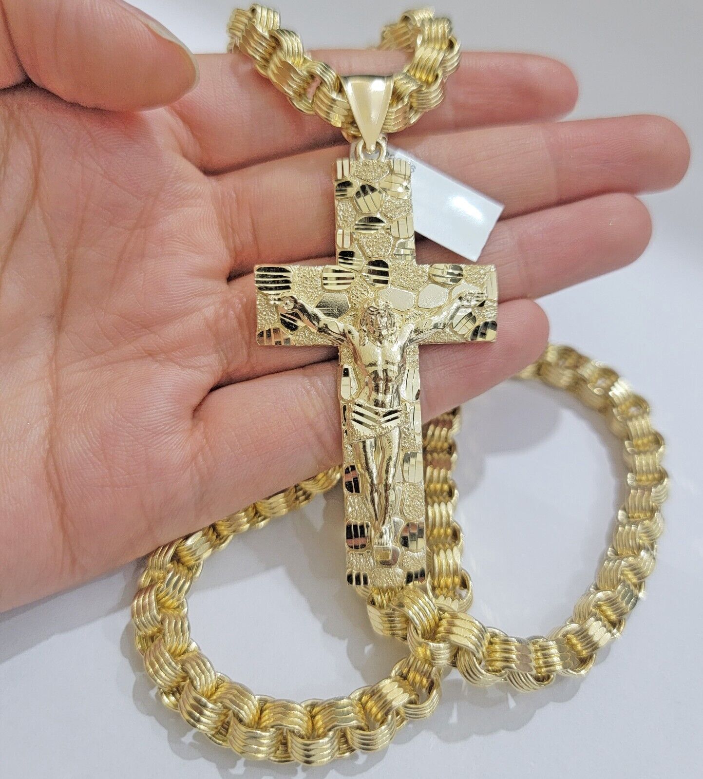 Real 10k Yellow Gold  Byzantine Chain Nugget Cross Charm Pendant Necklace SETS