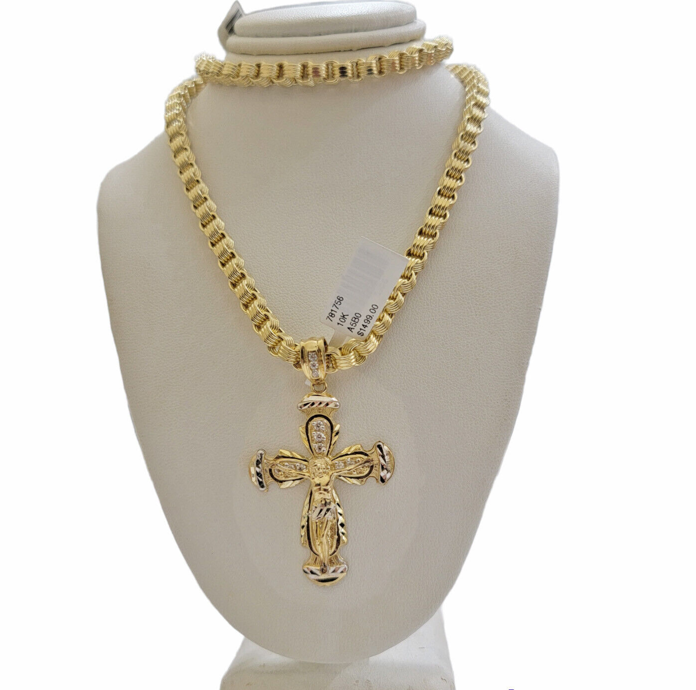 REAL 10k Gold byzantine Chain Cross Pendant Set 5mm Necklace & Jesus Crucifix