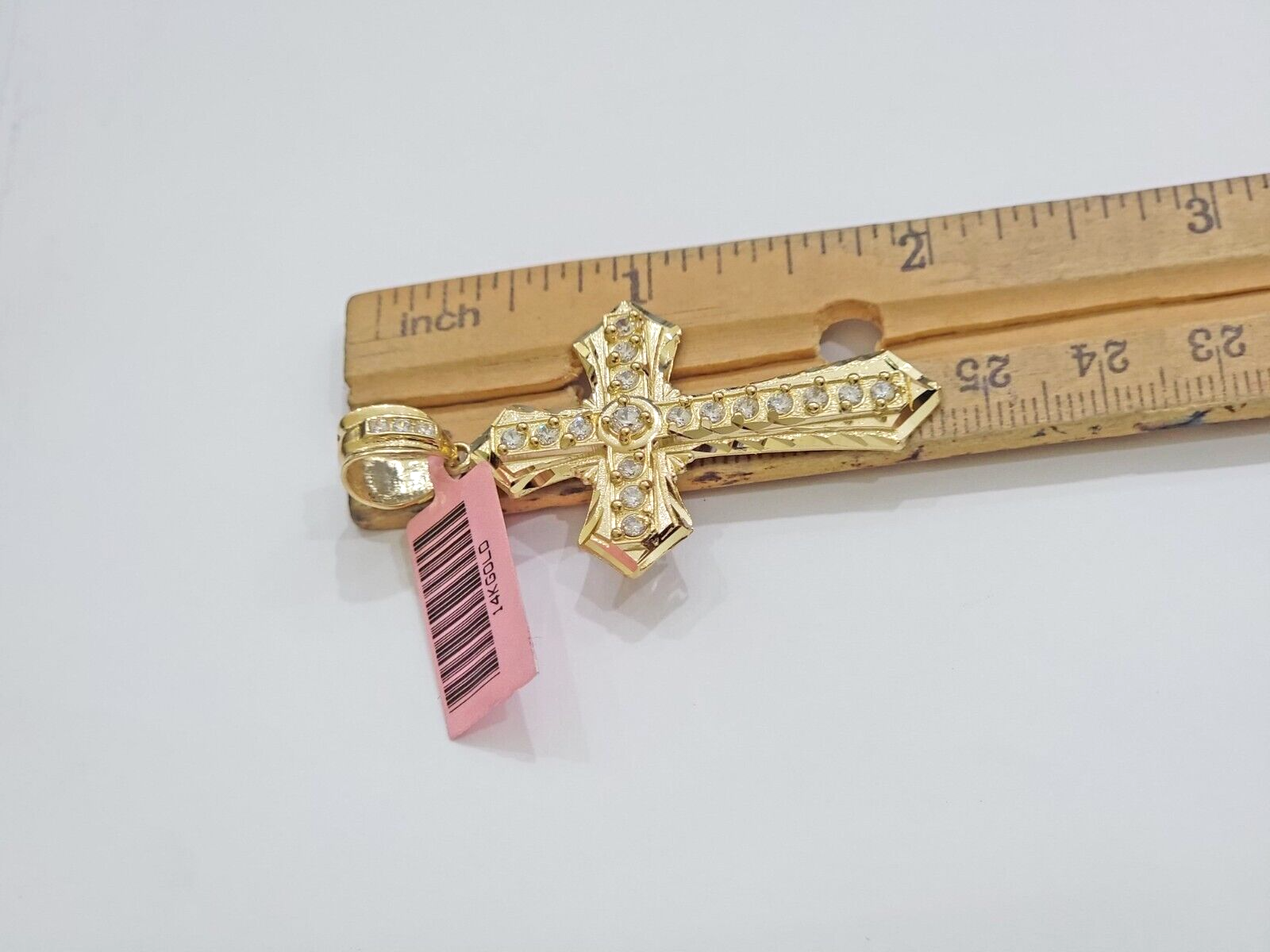 Real 14k Yellow Gold Cross Charm Pendant 2 Inch Diamond Cuts CZ Charm For Chains