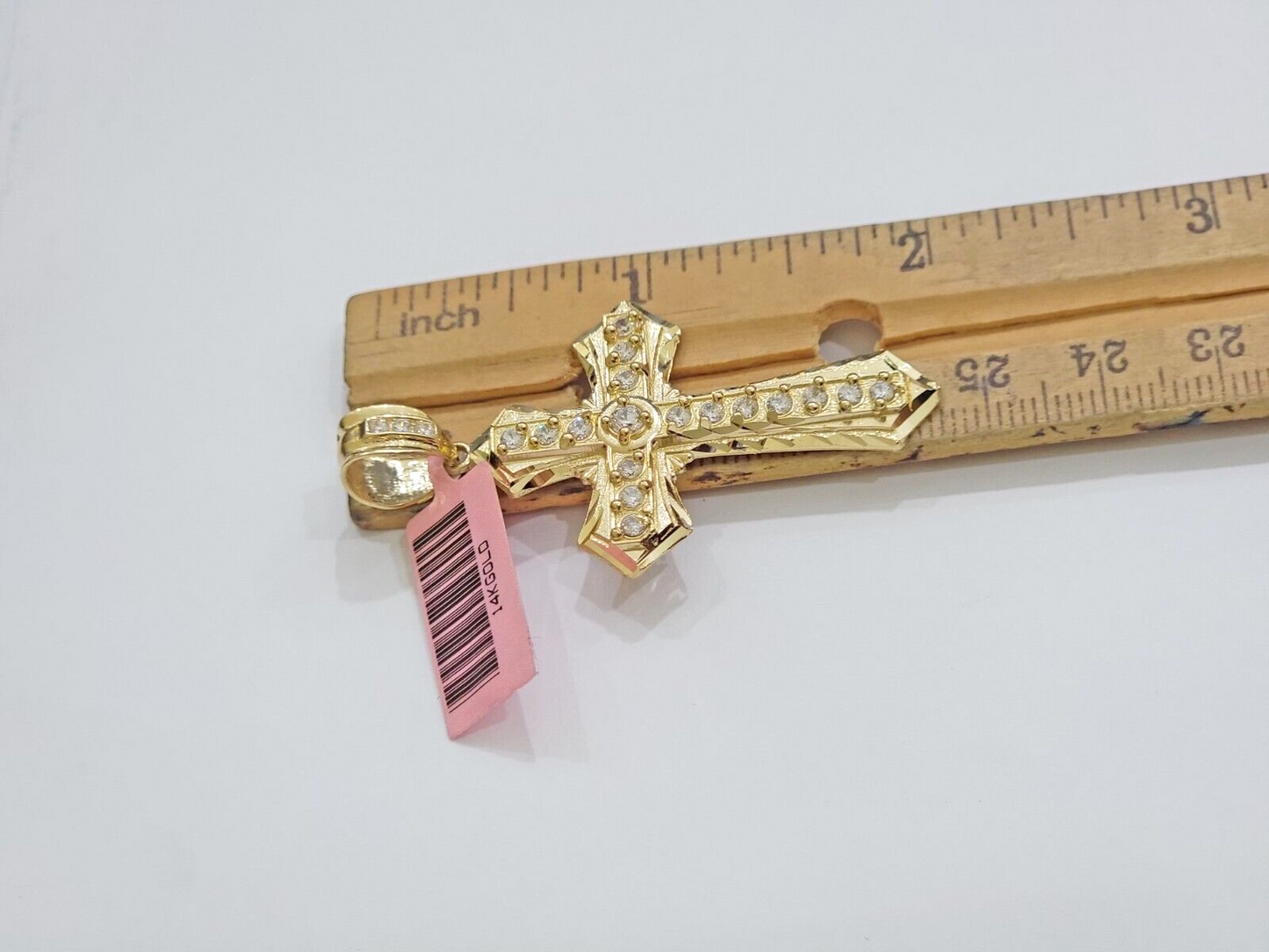 Real 14k Yellow Gold Cross Charm Pendant 2 Inch Diamond Cuts CZ Charm For Chains
