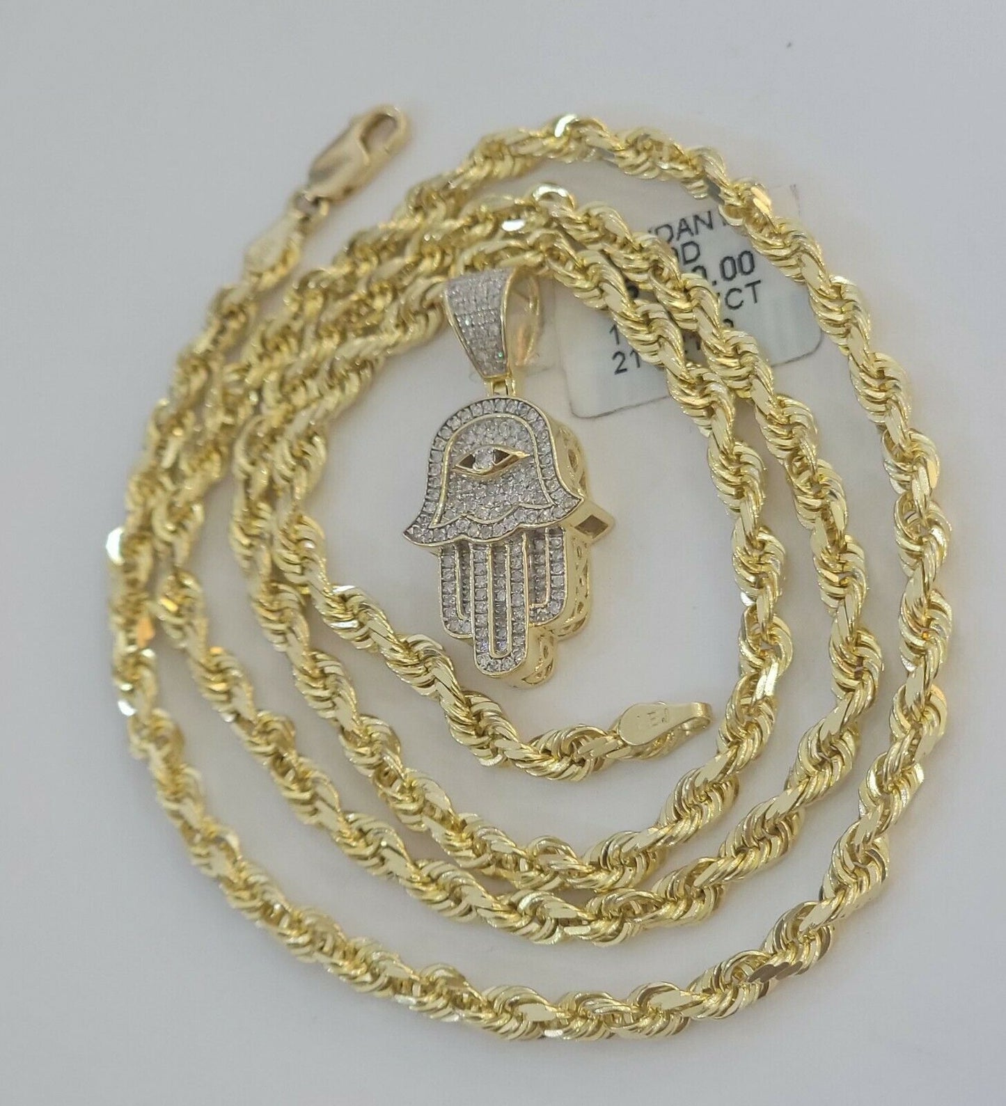 Solid 10k Gold Rope Chain Diamond Pendant Hamza Hand Charm Necklace 22" SET REAL