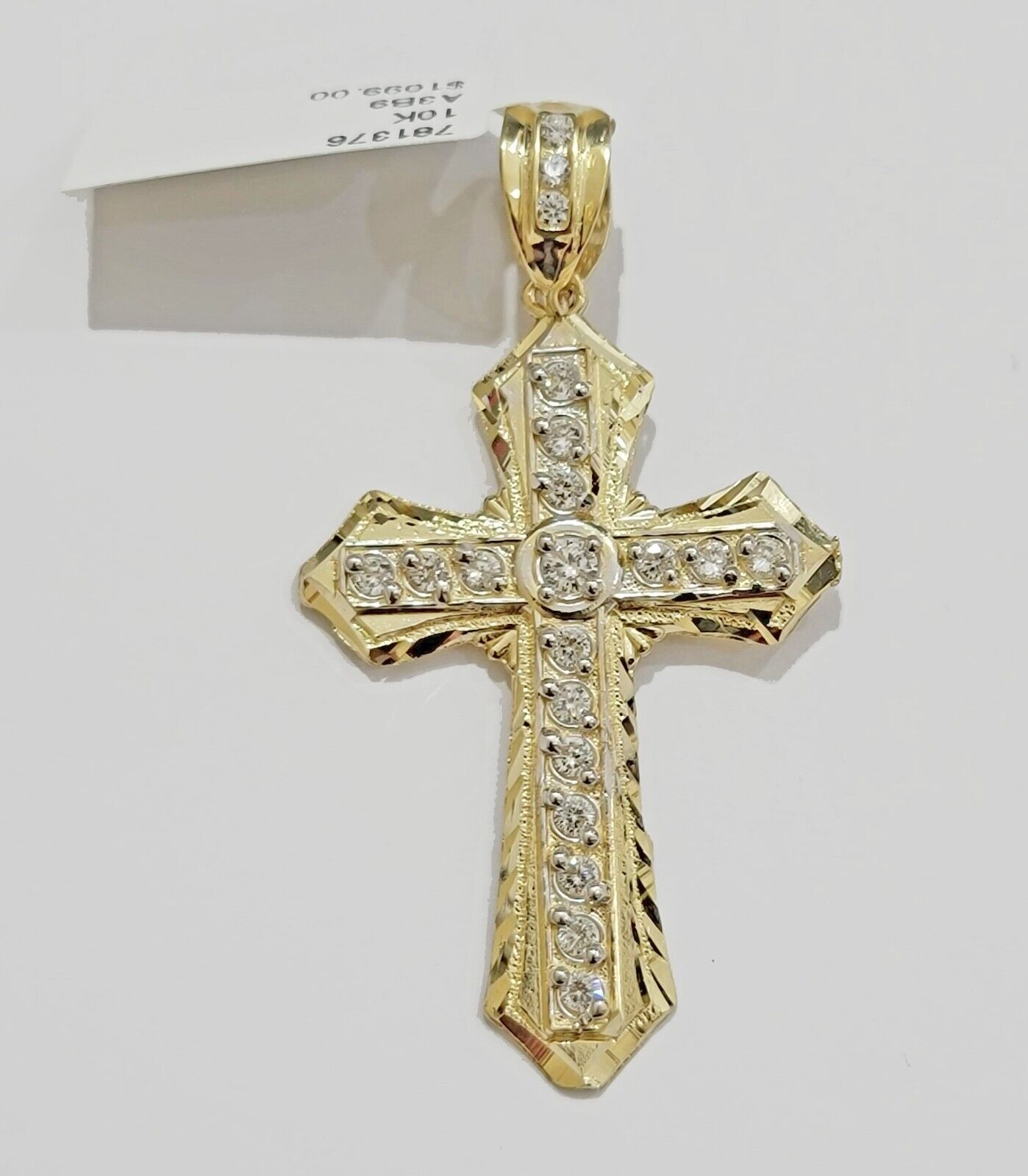 10k Yellow Gold Cross Charm pendant 2" Inch With Cubic Zirconia For Sale