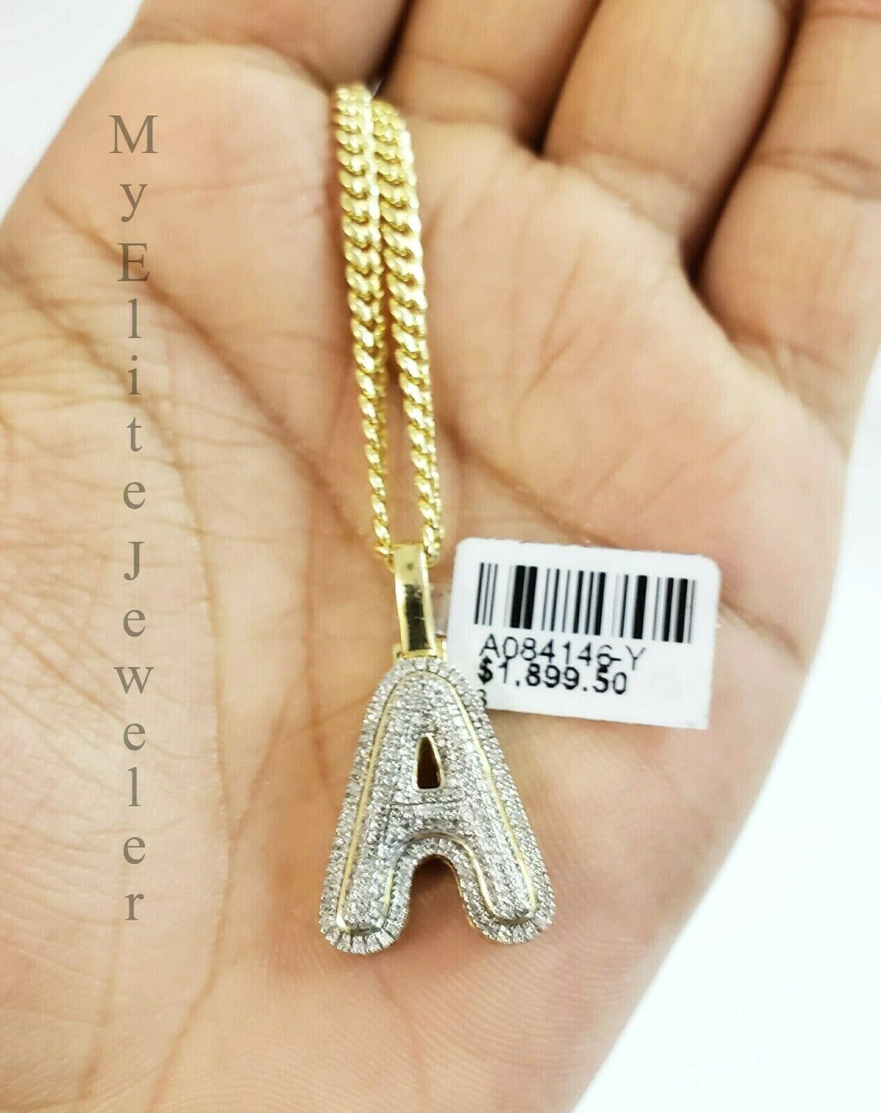 10 K Yellow Gold & 1/3 CT  Bubble Initial A Pendant & 22 Inch Miami Cuban Chain