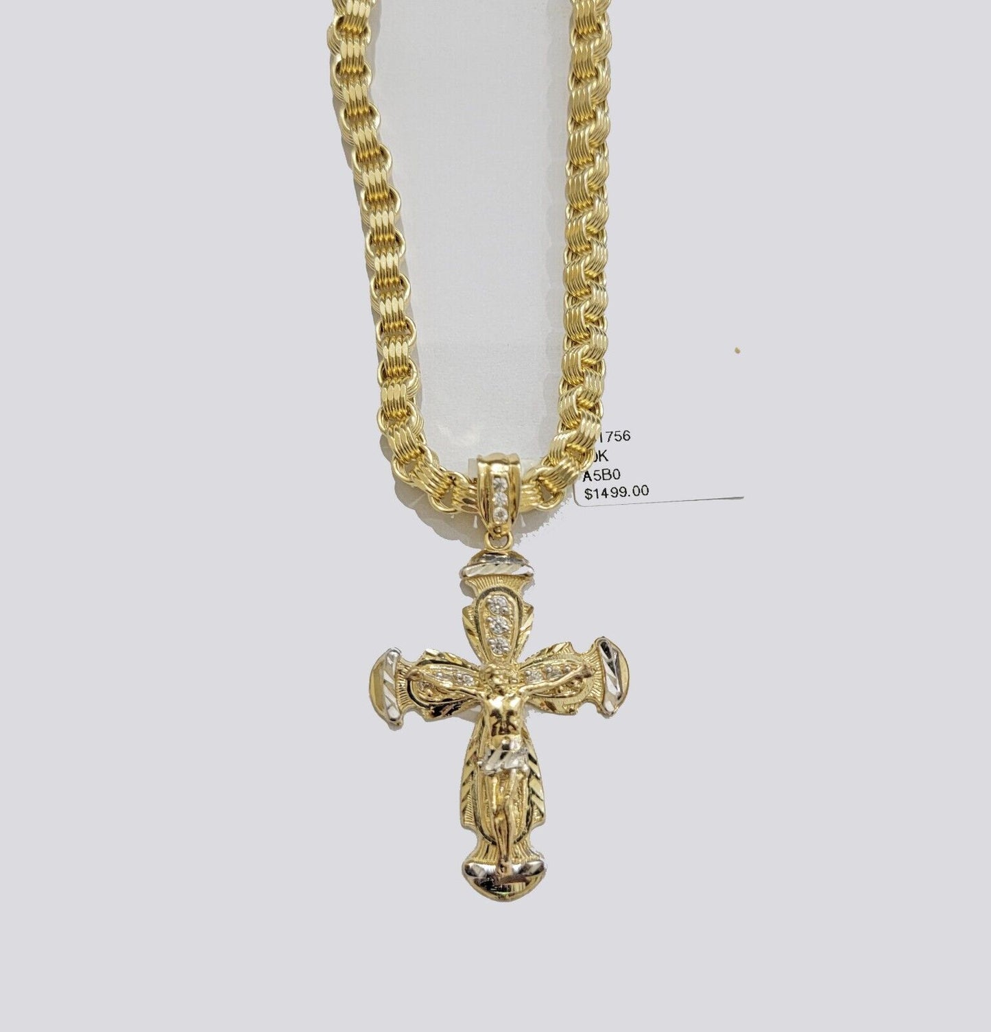 REAL 10k Gold byzantine Chain Cross Pendant Set 5mm Necklace & Jesus Crucifix