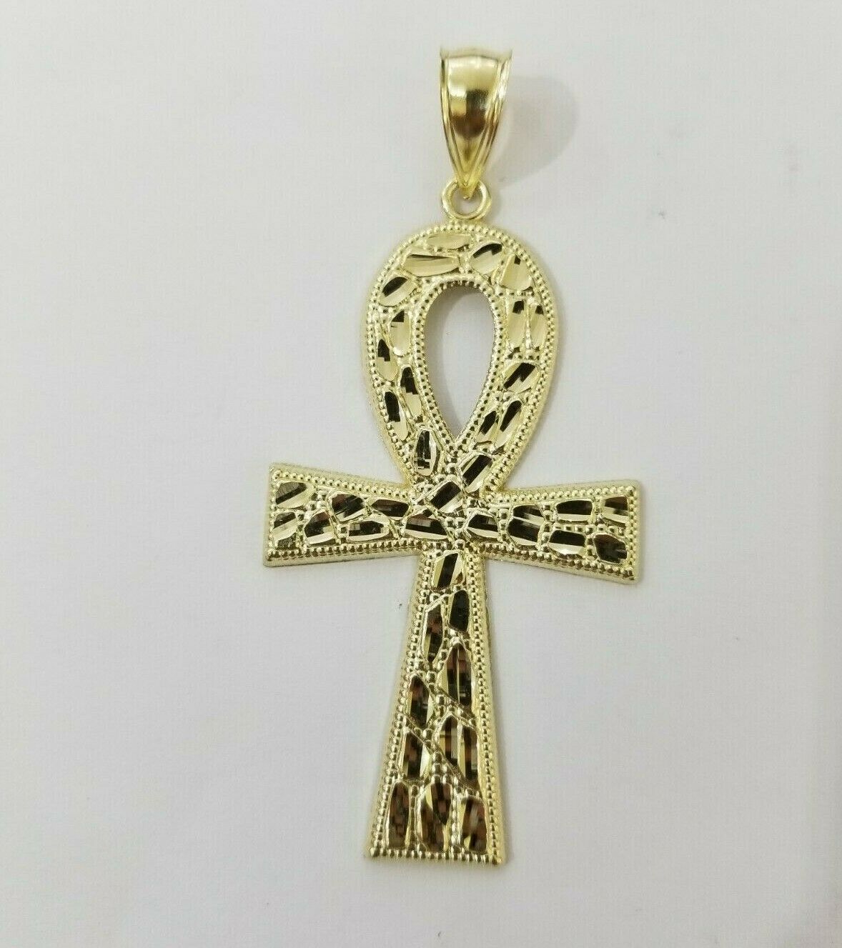 Real Gold Ankh Cross Charm Pendant 10k Yellow Gold Nugget Diamond Cuts Men Women