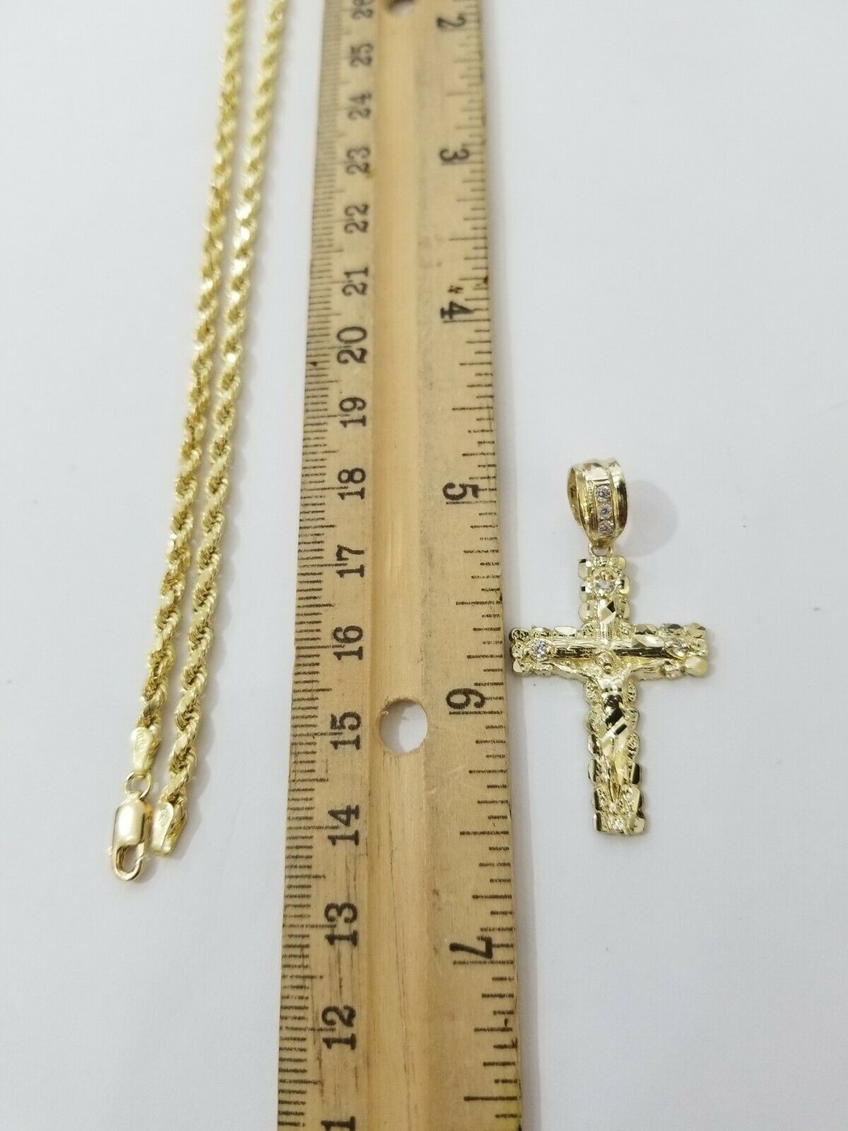 Real 10k Gold Cross & Solid Rope Chain 4mm Necklace Charm & Pendant Set 16