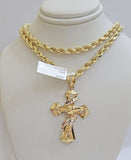 10k Gold Rope Chain Cross Charm Set Necklace 20" inch 5mm Jesus Pendant REAL 10K