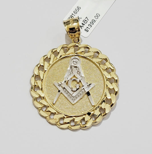 10k Yellow Gold masonic Charm pendant with cuban link circular Christmas Sale