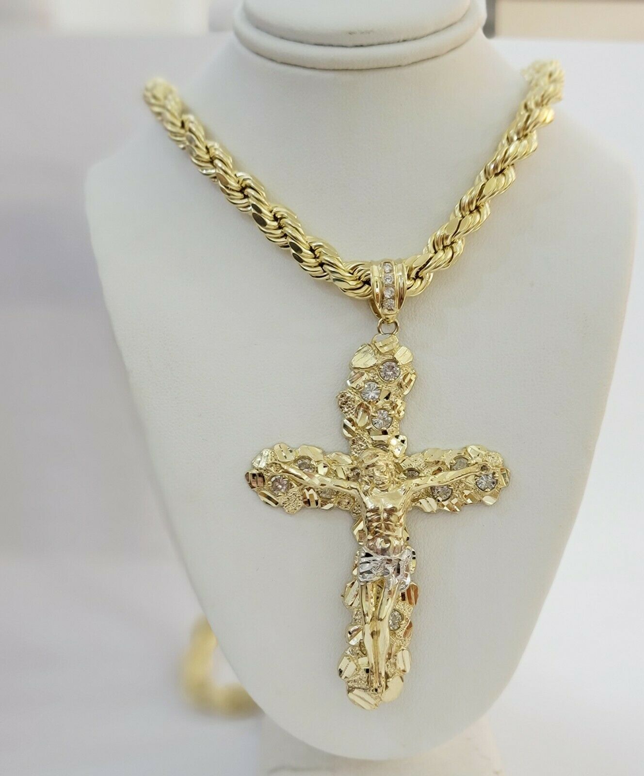 10k Gold Rope Chain & Cross Charm Pendant Mens 10kt Yellow Gold 8mm 26