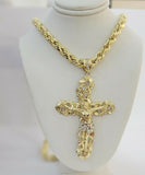 10k Gold Rope Chain & Cross Charm Pendant Mens 10kt Yellow Gold 8mm 26" Necklace