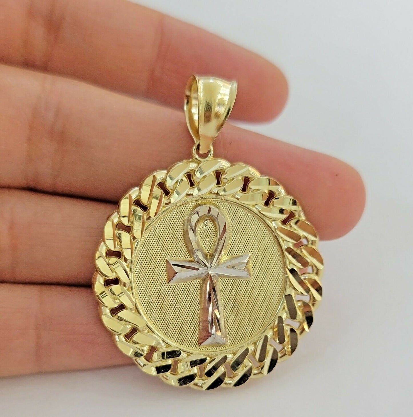 Mens Real 10kt Yellow Gold Ankh Cuban Pendant Charm Medallion Round 10k, Dia Cut