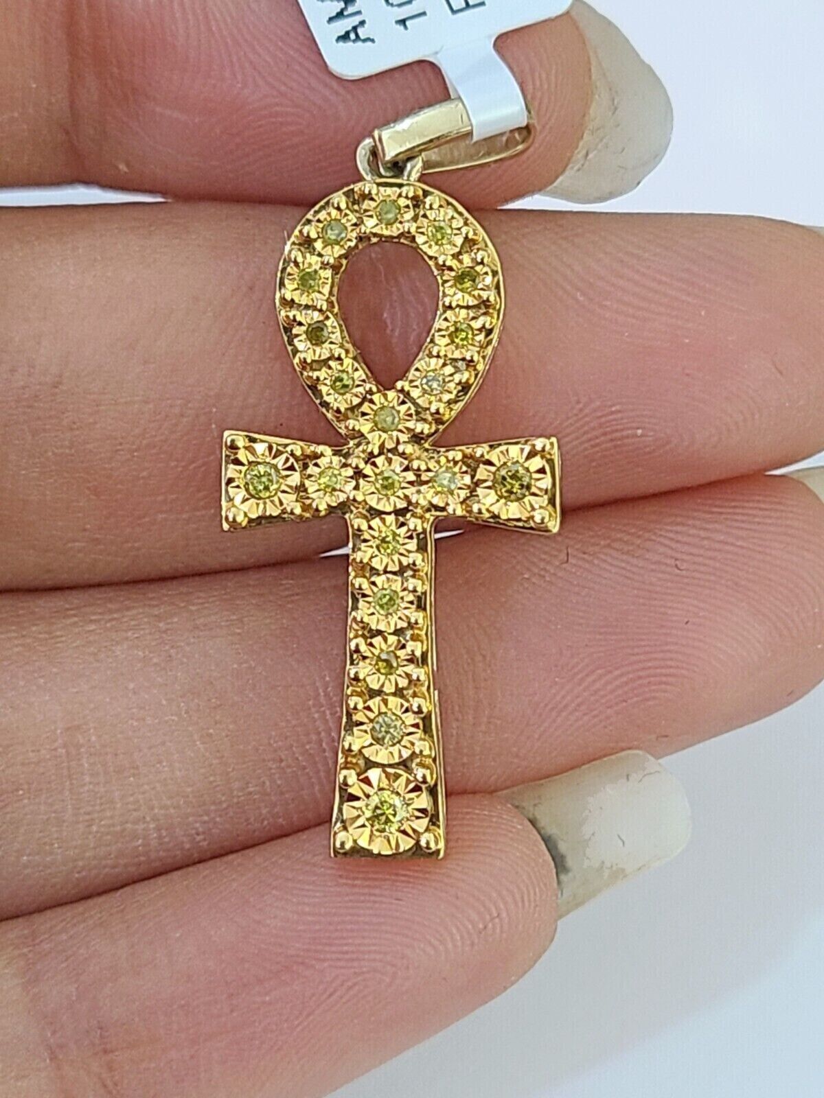 Ankh Cross Charm Pendant REAL 10k Yellow Gold Genuine Natural Diamond Men Women