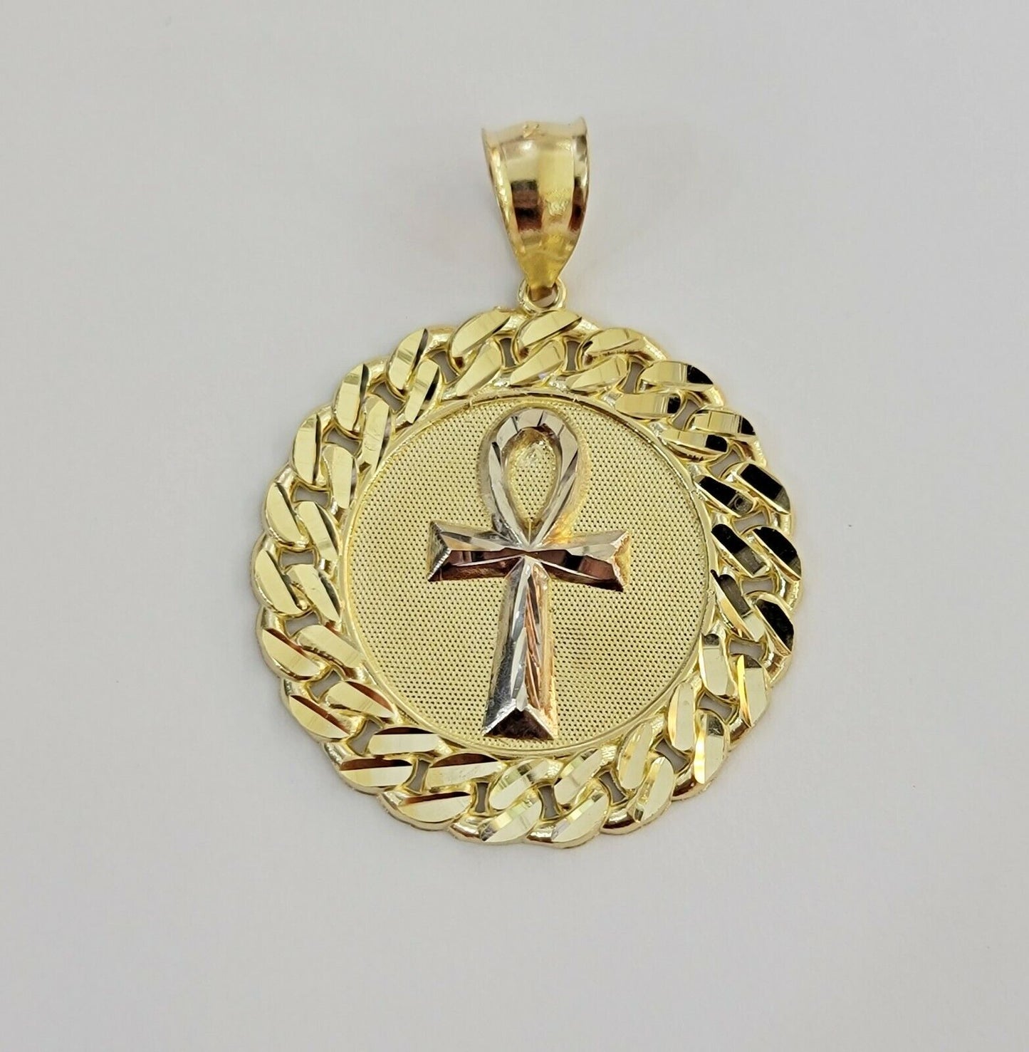 Real 10k Yellow Gold Charm Pendant Ankh Cuban Link Style Medallion Round 10kt