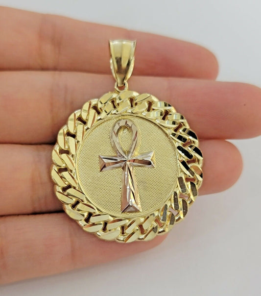 Real 10k Yellow Gold Charm Pendant Ankh Cuban Link Style Medallion Round 10kt