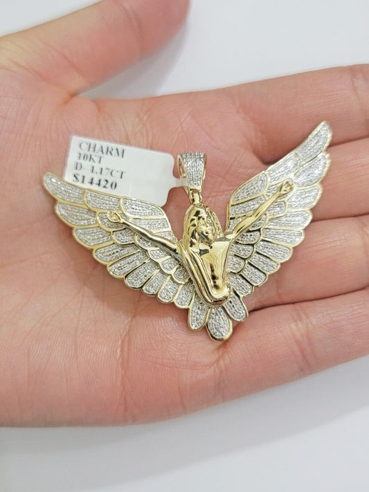 Real Gold Diamond Angel Wing Charm Pendant 10k yellow Gold 1.17 CT Mens 1.5 Inch