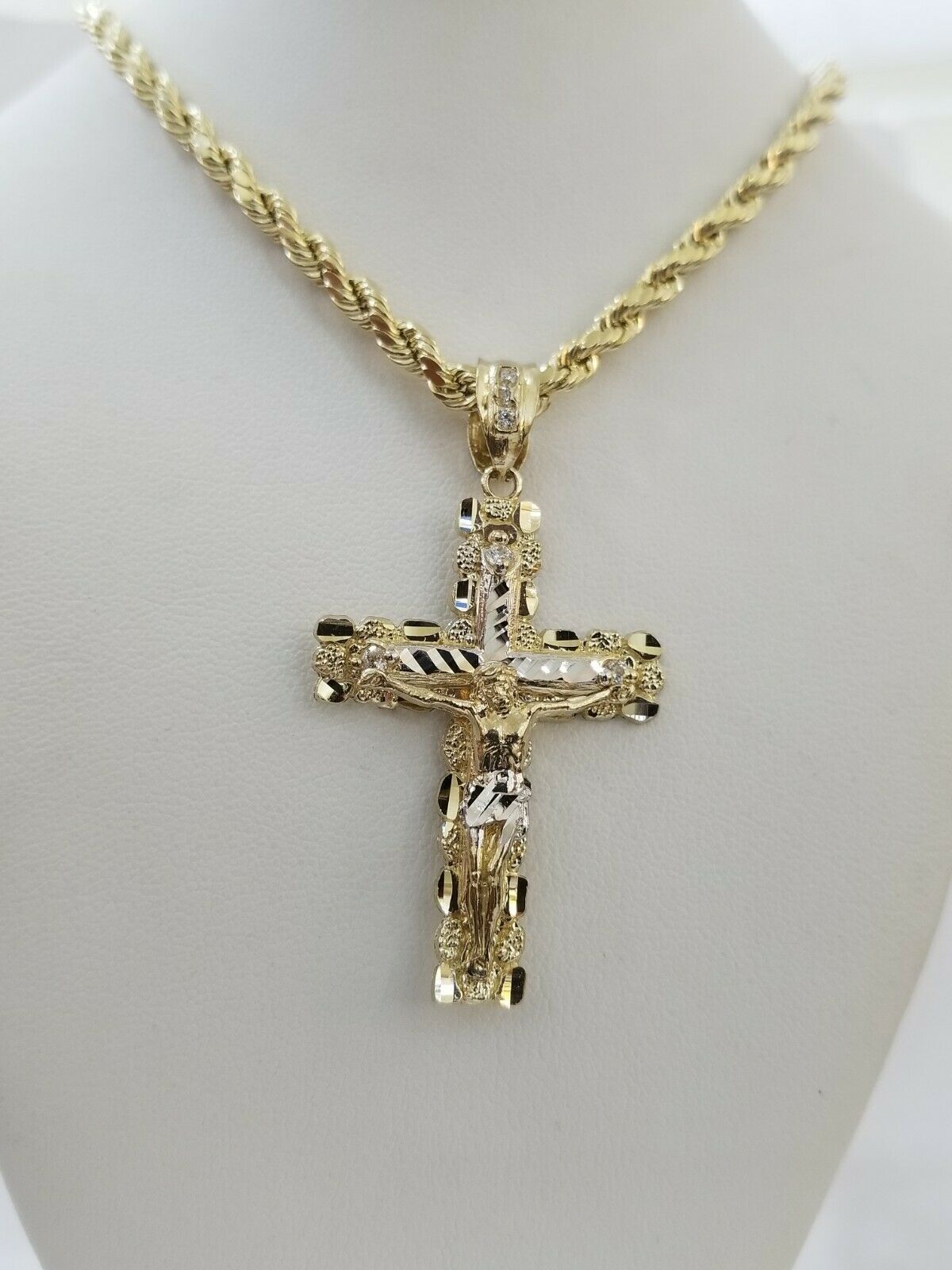 10k Yellow Gold Rope Chain With Cross Charm Pendant Set REAL 10KT 4mm Necklace